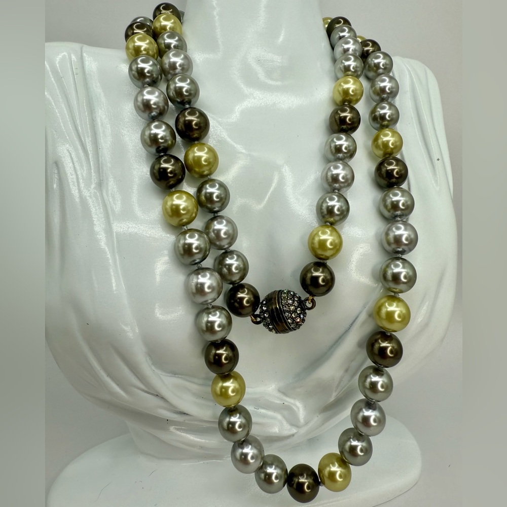 Heidi Daus Faux Pearl Necklace 36” — Multi-Tone Double Strand w Pave Screw Clasp - Picture 9 of 17